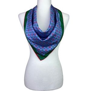 Vintage Vera Neumann Geometric Floral With Border Square Scarf Blue Red Green